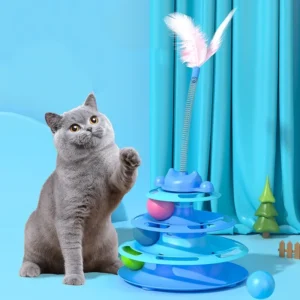 1pcs 4-Layer Feather Cat Turntable With Fun Toy Ball And Playing Stick - Interactive Toy For Cats