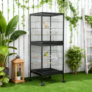 Parrot Bird Cage with Wood Perches, Double Stackable Metal Cage with Pull Out Tray Standing Birdcage Bird Aviary with Multi Door