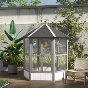 69" Large Wooden Hexagonal Outdoor Aviary Flight Bird Cage with Covered Roof,