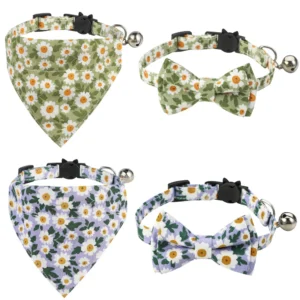 Sucado Wholesale Cotton Daisy Floral Pet Cat Collar Breakaway Adjustable Small Dog Cat Bandana Bowknot with Bell New Arrival