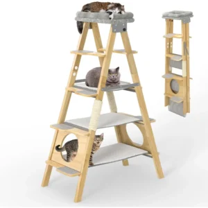 Modern Wood Cat Tree Foldable Ladder Design with Hammock & Sisal Scratch Post, Solid Wood Tall Tower for Large Cat Easy Clean