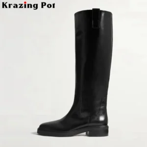 Krazing Pot Cow Leather Big Size 44 45 Round Toe Med Heels Classics Equestrian Long Boots Slip On Winter Brand Knee-high Boots