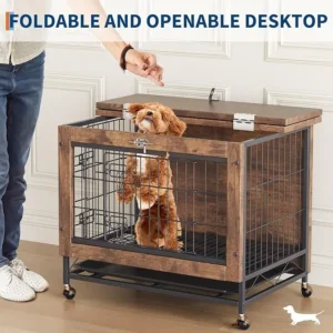 Wooden Dog Crate Furniture with Wheels for Small Dogs, Indoor Small Dog Crates with 2 Doors, Steel-Tube End Side Table Kennel Fu