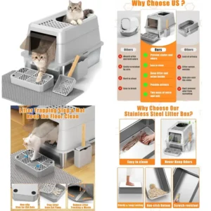Extra Large Enclosed Metal Cat Litter Box with Lid for Large Cats, XL Covered Stainless Steel Litter Box with Enhanced Privacy