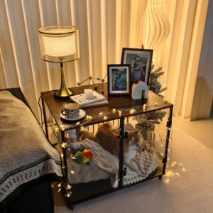 Furniture Style Tempered Glass Dog Crate Cage Pet Kennel End Table Rolling Wheels, Ventilated Bars, for Samll and Medium Dogs