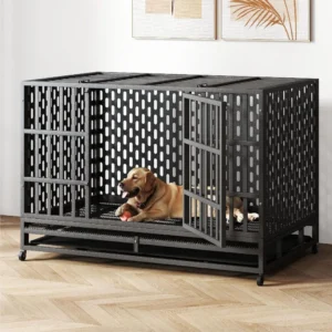 48/42 inch heavy duty indestructible dog crate steel escape proof, indoor double door high anxiety cage, kennel with wheels, rem