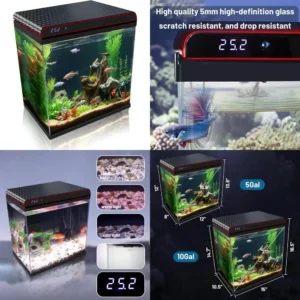 10 Gallon Self-Cleaning Glass Fish Tank with LED Lighting, Quiet Pump, Filter, and Smart Temperature Control