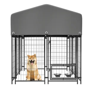 All-Weather Outdoor Dog Kennel with Roof, 4.23'x5.82'x4.83' Heavy Duty Welded Wire Crate with Double Lock & Feeder