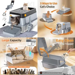 Extra Large Enclosed Stainless Steel Cat Litter Box with XL Metal Scoop for Big Cats, Ideal for Large Feline Hygiene