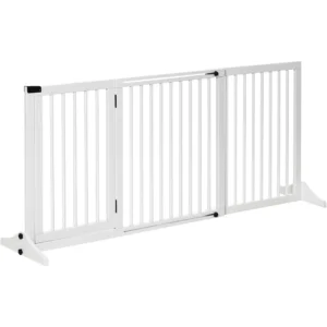PawHut Adjustable Wooden Pet Gate Freestanding Dog Fence for Doorway Hall 3 Panels with Safety Barrier Lockable Door White 44.5