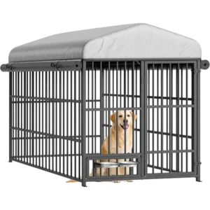 HOOBRO Outdoor Dog Kennel with Cover, 6.6 x 3.9 x 5.9 ft Dog Kennel Outside with Waterproof Roof and Rotating Feeding Bowls, Hea
