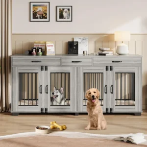 Wooden Double Dog Crate for Large Breeds - 71 Inch Furniture, Indoor Kennel with Door, TV Stand and End Table Combo